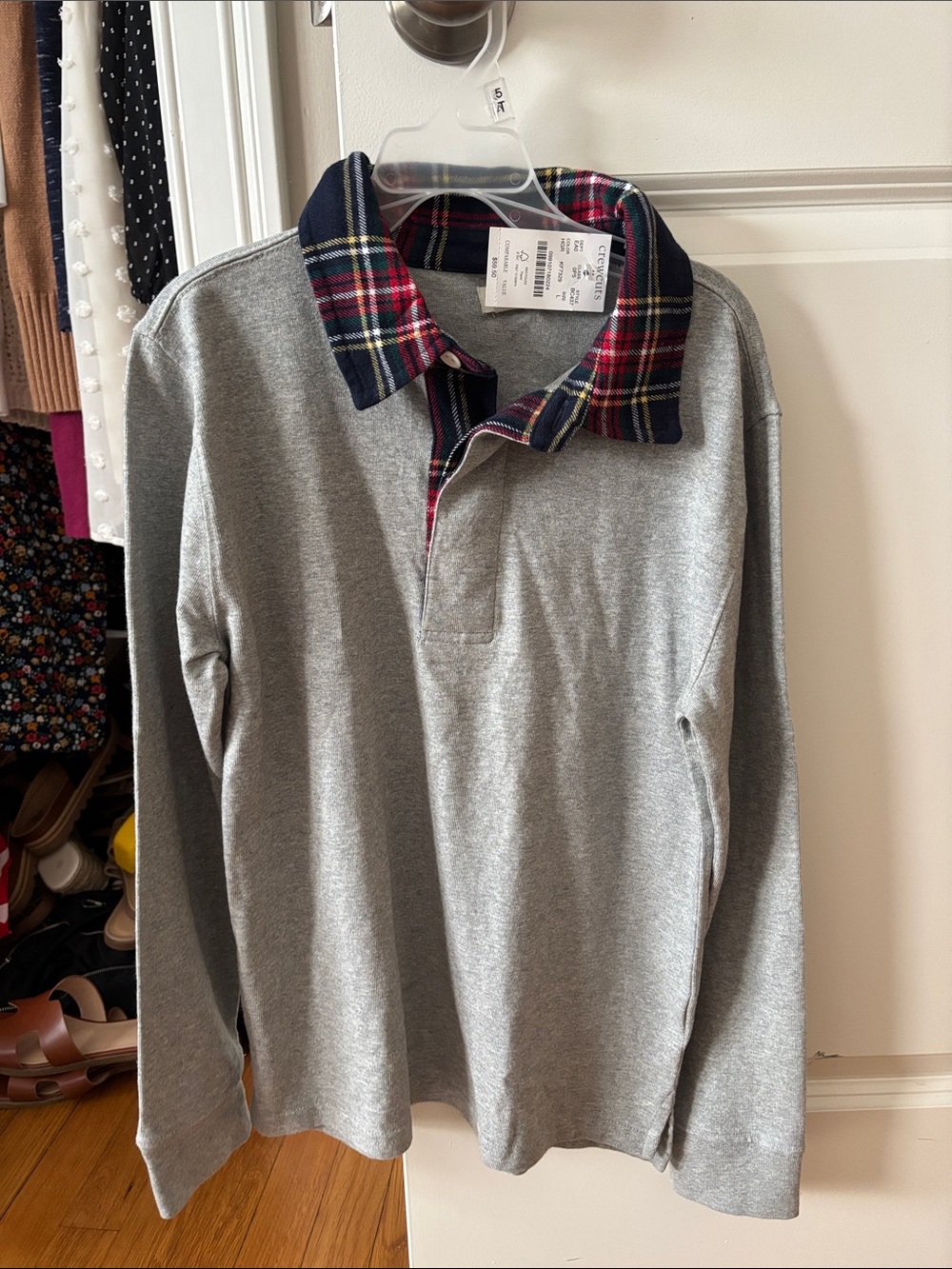 NWT Boys’ Crewcuts Gray Crewneck with Navy Red Plaid Collar